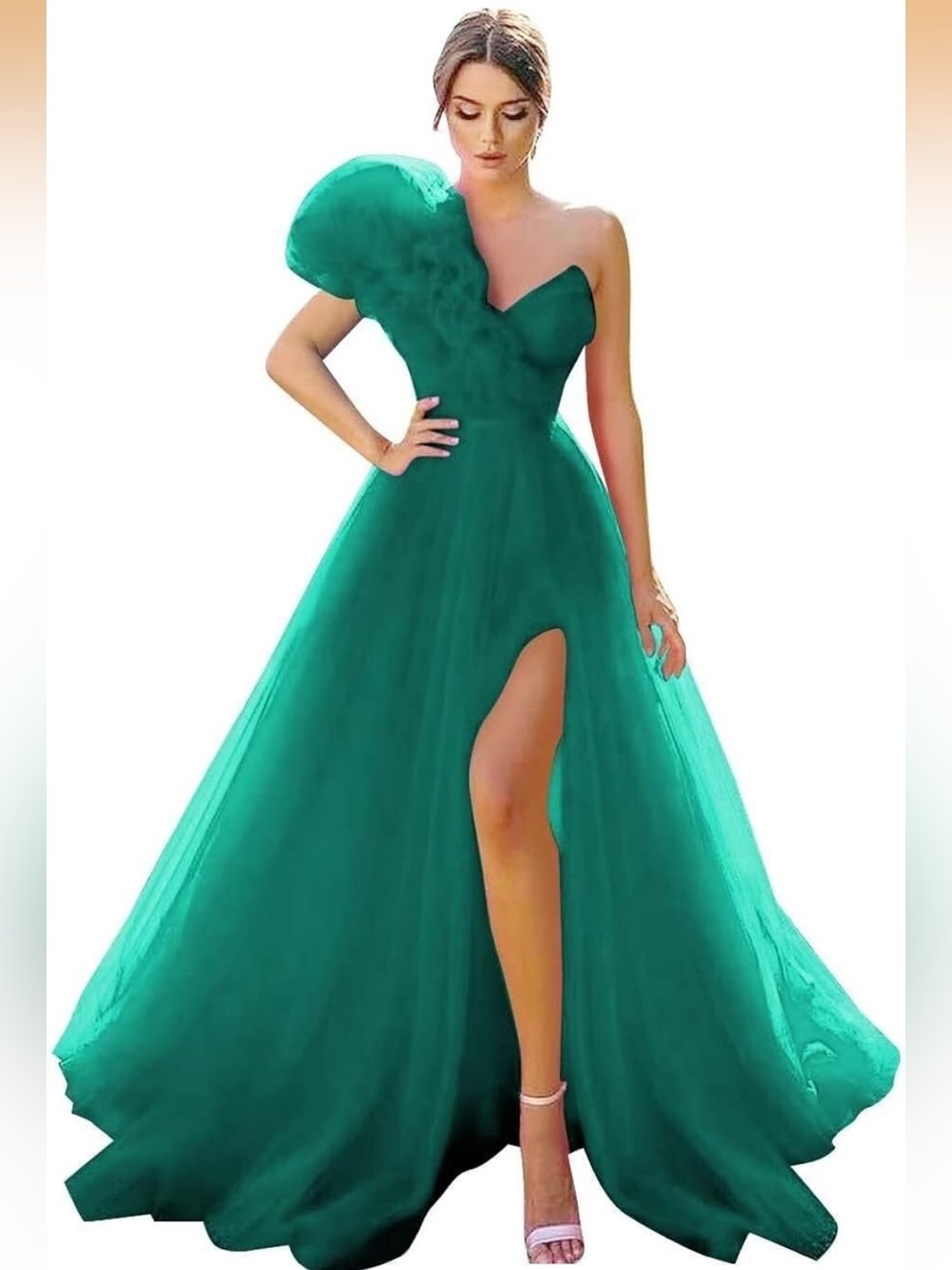 Teal One-Shoulder Tulle Ball Gown with High Slit (New without tags/Never Worn)